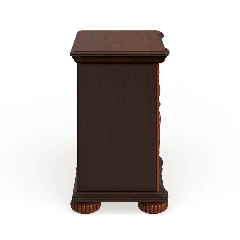 Cherry Solid Wood 3-Drawer Nightstand with Carved Palm Leaf Details