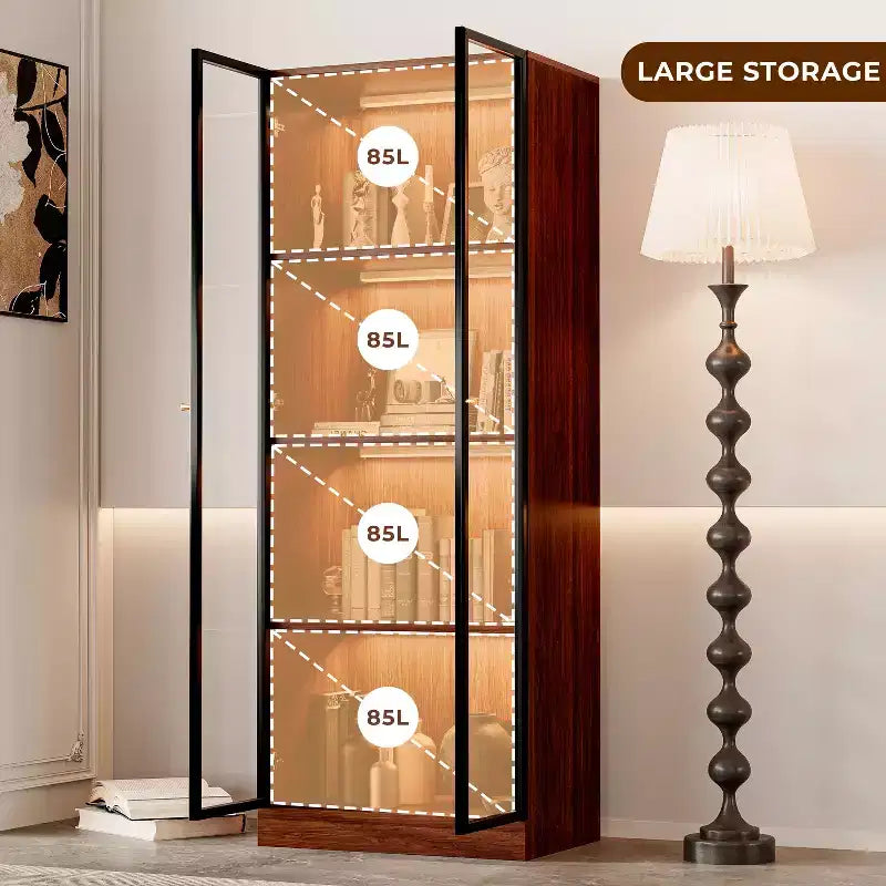 ATJafurn 23.6'' Brown Glass Display China Cabinet Liquor Curio Storage Hutch, Mid Century Modern Wooden 4-Tier Dining Shelf with Led for Living Room