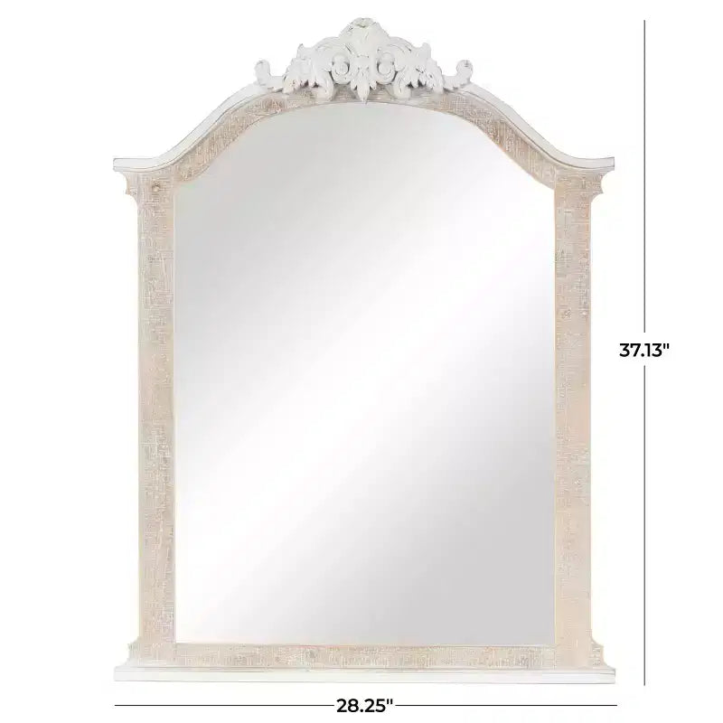 37"x28" Wooden Arched Scroll Wall Mirror with Brown Distressing Cream: No Assembly, Modern Decor