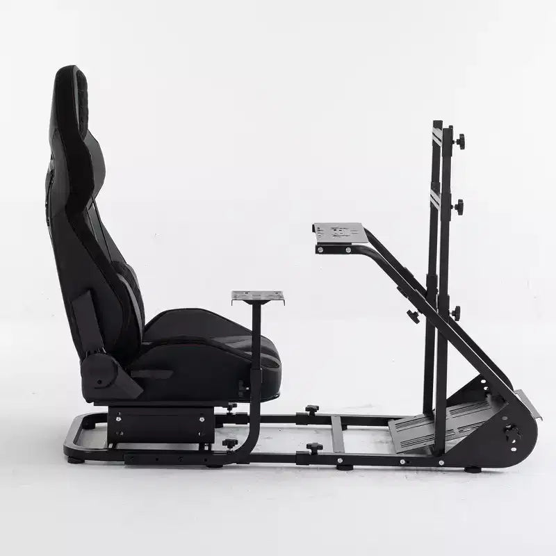 Black Steel Racing Wheel Cockpit Frame, Single Seat, Adjustable Simulator Rig