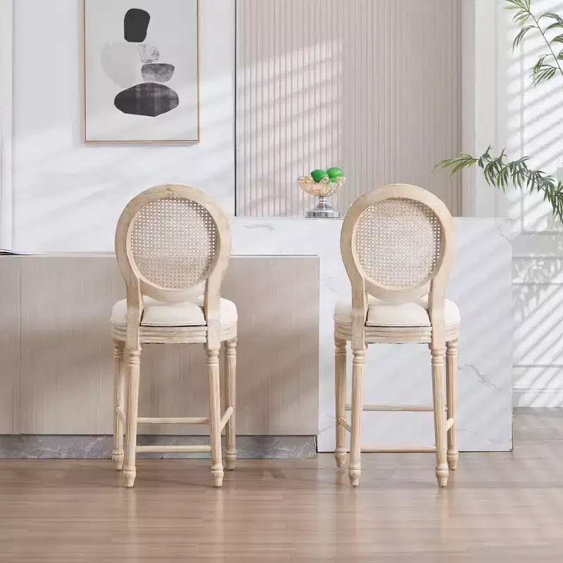 French Country 26 Bar Chairs Set of 2, Upholstered Natural Rattan Round Back, Wire Drawing Carving, Beige