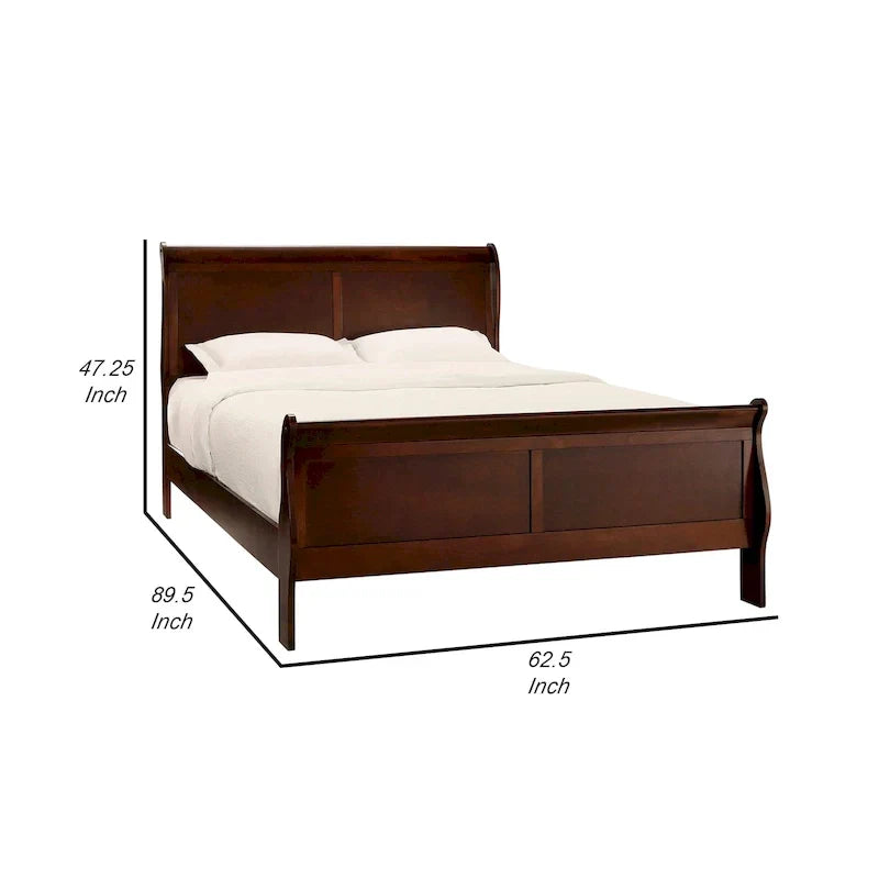 Traditional Queen Sleigh Bed, Wood Frame, Rich Brown Cherry Finish