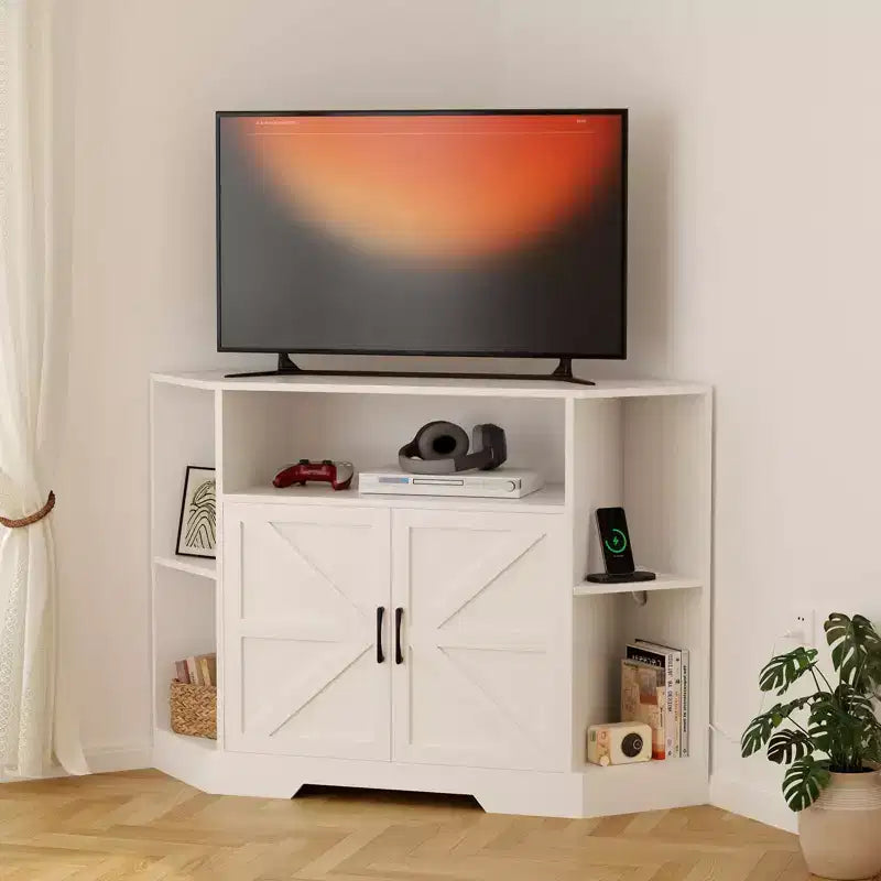 TROPOW Corner Tv Stand for Tvs Up to 55 Inch with Power Outlet, Entertainment Center, Wood Tv Media Console with Storage Cabinets Shelves , White