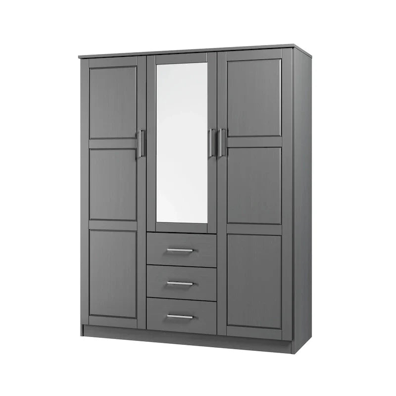 3-Door Solid Pine Wood Wardrobe Armoire, 72"H x 56"W, Mirrored or Panel Door, 3 Clothing Rods
