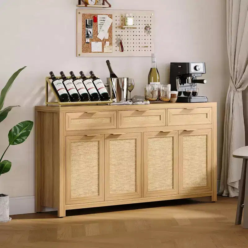 63in Deep Farmhouse Buffet Sideboard Cabinet with Rattan Panels, 3 Drawers, 4 Doors, Adjustable Shelves - Dining Room, Kitchen, Entryway Organizer