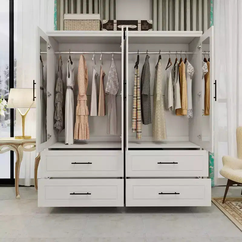 White Wood 63-Inch Armoire with 4 Drawers and 4 Doors, Bedroom Wardrobe Cabinet