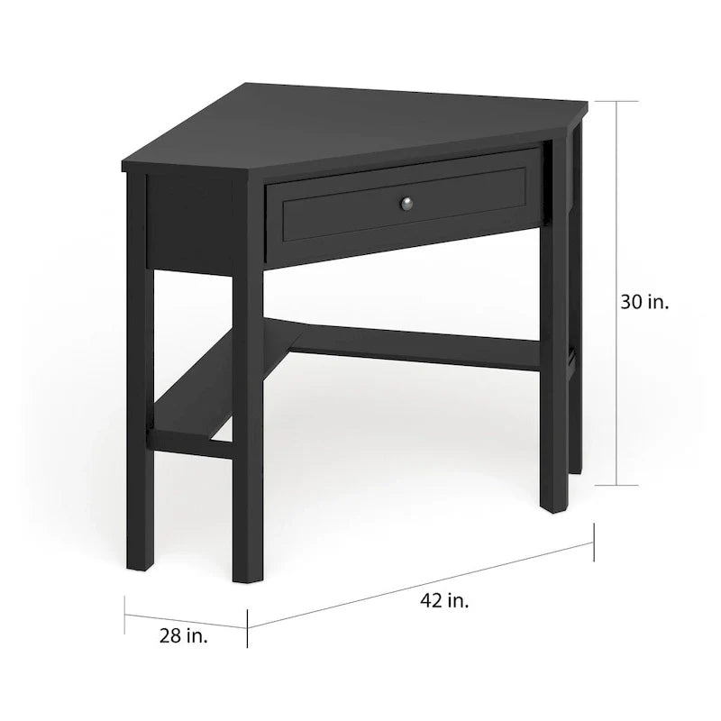 Corner Computer Desk with Drawer & Lower Shelf, Solid Wood & MDF, 42"W x 28"D x 30"H