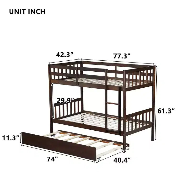 Luxystar Twin Over Twin Modern Wood Bunk Bed with Trundle, Convertible into 2 Beds