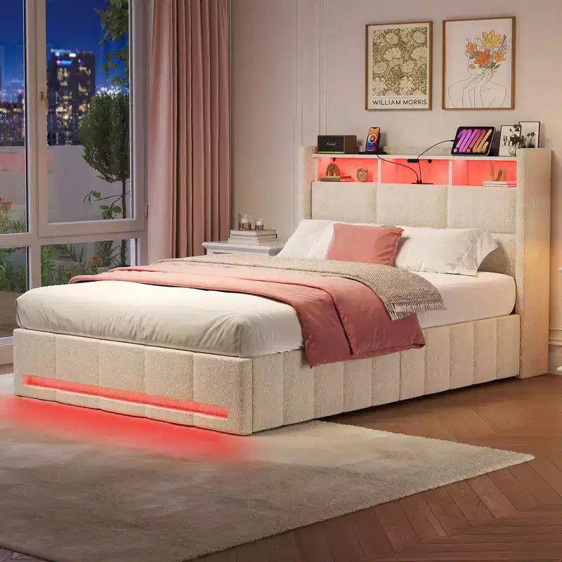 Greenstell Upholstered Lift Storage Bed with LED Lights & Charging Station, Modern Platform Bed, Heavy Duty Wooden Slats