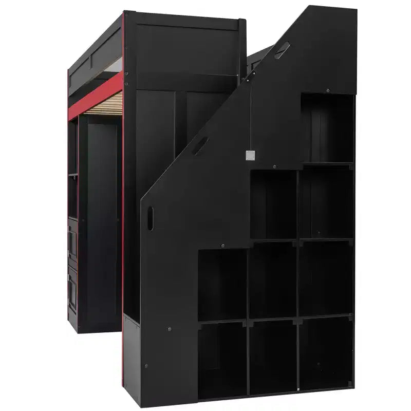 GDFStudio Barnes Gaming Loft Bed with Desk and Storage, LED Lights