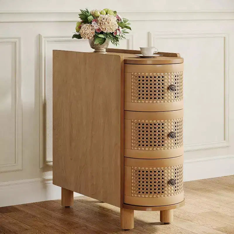 Lantine Solid Wood End Table with 3 Rattan Drawers and Exquisite Embossed Handles, No Assembly Required