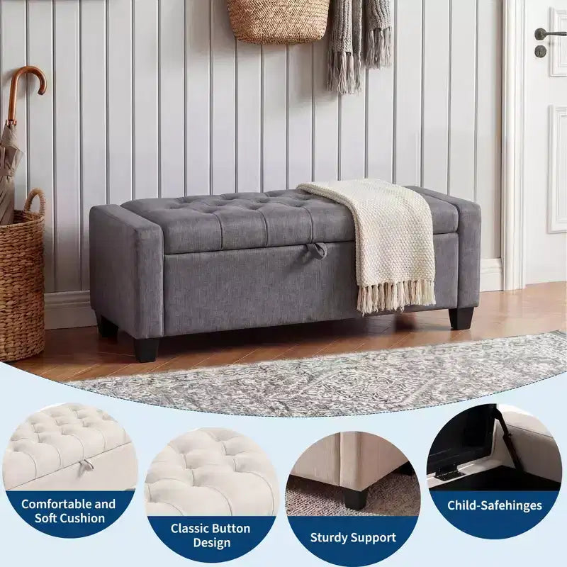 50.8 Storage Ottoman Bench, Tufted Upholstered End of Bed Storage Bench, Flip Top Entryway Bench with Safety Slow-Close Hinge for Living Room