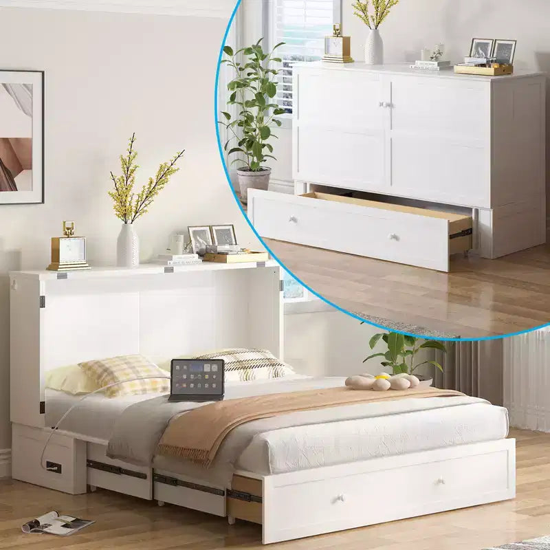 Murphy Bed Cabinet, Modern Murphy Bed Queen with Mattress, Built-in USB Charging Station & Drawers