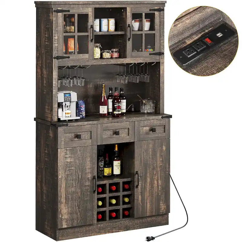 72" Kitchen Pantry Cabinet with Wine Rack, 3 Drawers & Charging Station