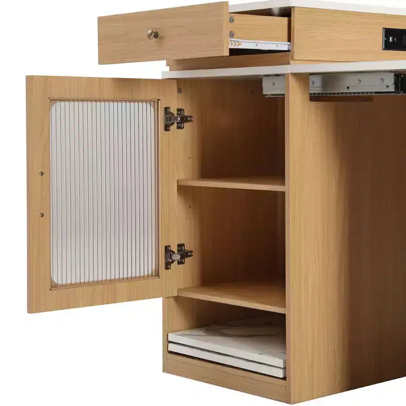 PexFix 59.5 Kitchen Island with Extendable Dining Table Kitchen Storage Table with Double-sided Storage with Power Outlet&Side Open Shelves Natural