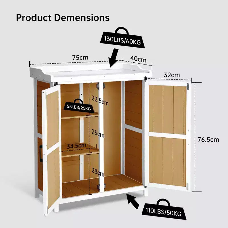Waterproof storage cabinet, wooden garden workbench with 2 removable shelves, galvanized metal tabletop, suitable for indoor and outdoor use.
