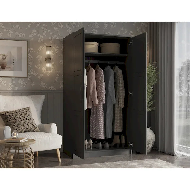 2-Door Solid Pine Wood Wardrobe Armoire with Clothing Rod & Adjustable Shelf – White / Black / Gray, Solid Wood or Mirrored Doors, Single