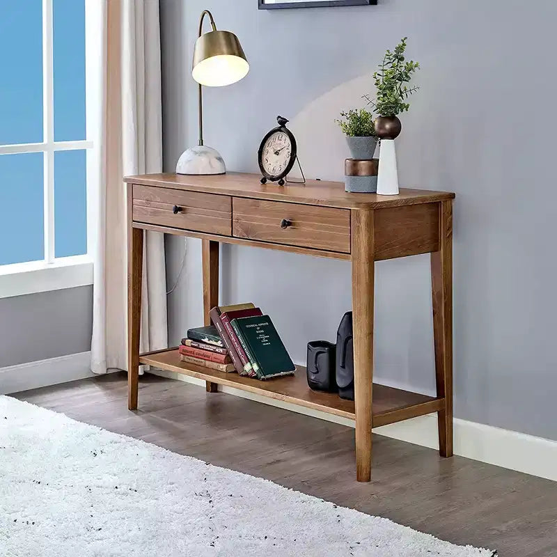 Mid Century Contemporary Classic Solid Wood 2-Tier Console Entryway Table with Storage Drawers, Honey Brown