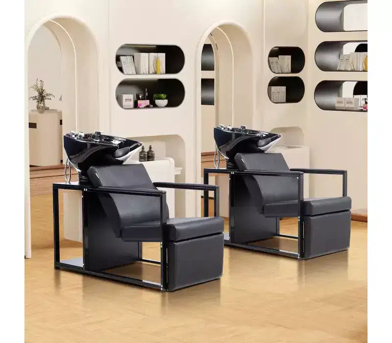 Salon Shampoo Backwash Chair Unit with Porcelain Bowl and Storage Shelf
