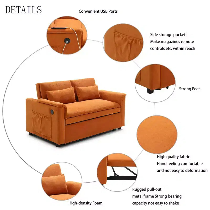 Convertible Sofa Bed Couch with Side Pockets & Adjustable Backrest, Velvet Upholstered Loveseat Sofa for Living Room, Bedroom