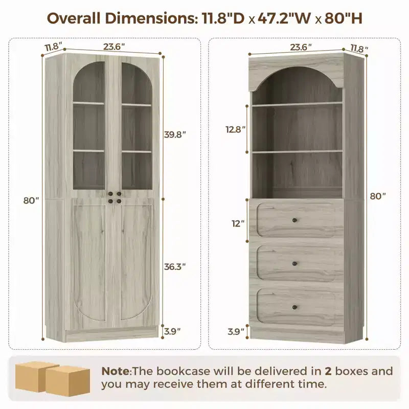 Besiost Combination Pantry cabinet with doors, Set of 2 bookcase with glass doors and shelves
