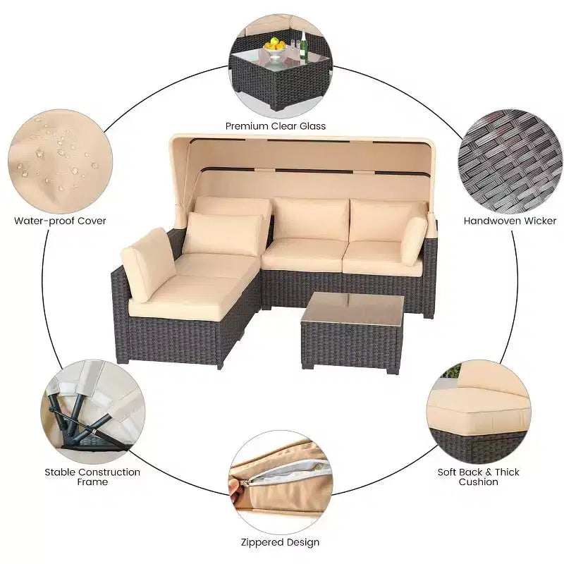 GustoWave 6 Pieces Patio Furniture Set,Wicker Patio Furniture Sofa with Retractable Canopy,Cushions and Tea Table with Storage,2 Adjustable Backrest