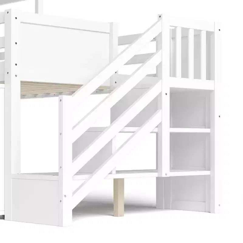 Twin Size Loft Bed with 3 Drawers & Storage Stair, Wooden House-style Bed Frame with Slide and Remevoable Desk