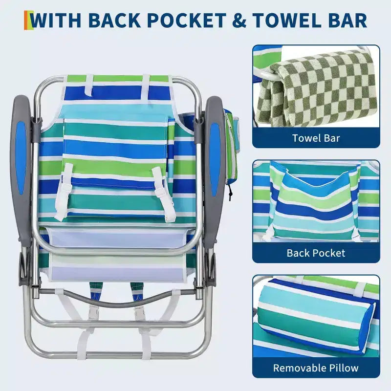 Set of 2 Backpack Beach Chairs for Adults, Lightweight Aluminum Folding Chairs with 5-Position Adjustable Backrest, Towel Bar, Storage Pockets