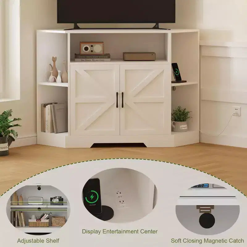 TROPOW Corner Tv Stand for Tvs Up to 55 Inch with Power Outlet, Entertainment Center, Wood Tv Media Console with Storage Cabinets Shelves , White
