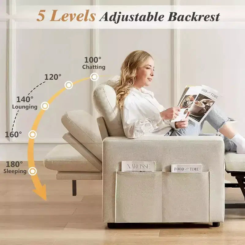 42.5" 3-in-1 Convertible Sleeper Chair Bed with Adjustable Backrest and Side Pockets
