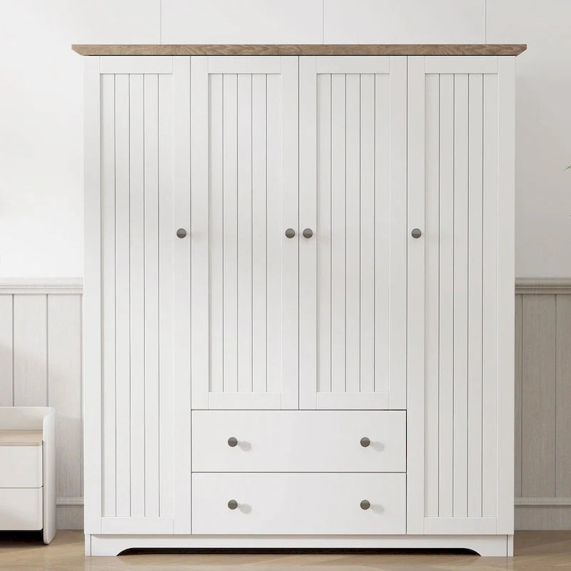 4 Door Wardrobe Armoire Closet with 2 Drawers, Freestanding Wardrobe Clothes Storage Cabinet with Hanging Rods