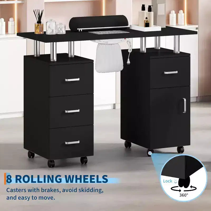 Manicure Table with Electric Dust Collector,42 Nail Table Beauty Salon Station with Lockable Wheels, Arm Rest,4 Storage Drawers,Resistant Top