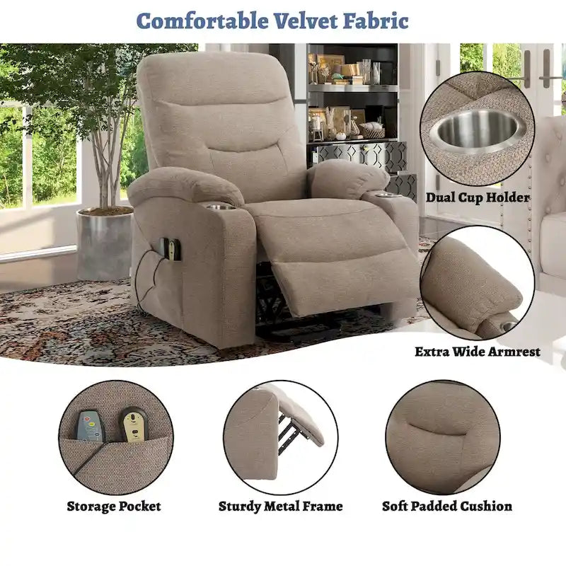 Soft Upholstered Electric Massage Recliner with Cup Holder & Dual Remote
