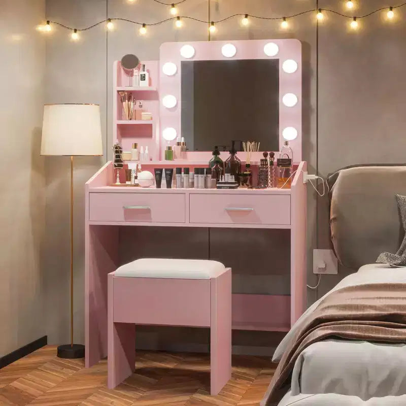 Vanity Desk with Mirror and Lights, Makeup Vanity with Power Outlet & Cushioned Stool, 3 Lighting Modes Adjustable Brightness, Dressing Table
