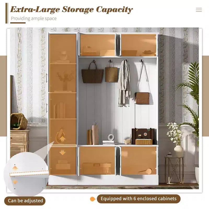 79IN Modern Hall Tree with 6 Cabinets and 4 Coat Hooks, Coat Rack with Shoe Storage Bench and Adjustable Shelf for Hallway, Living Room, White