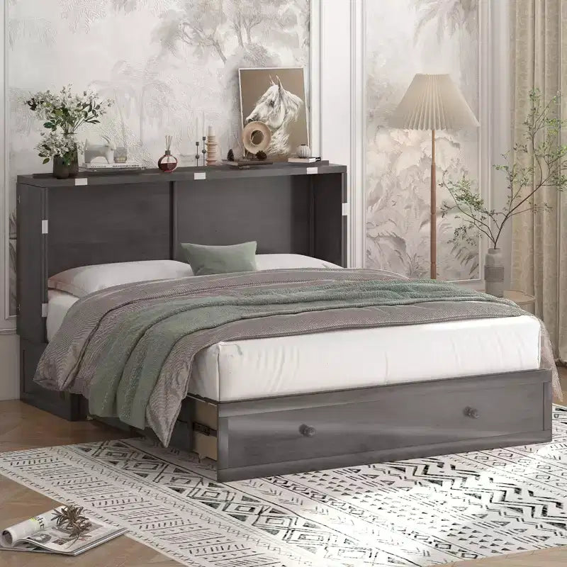 Murphy Bed Cabinet, Modern Murphy Bed Queen with Mattress, Built-in USB Charging Station & Drawers