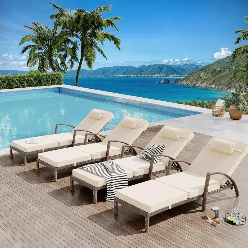 Coolmee Outdoor Chaise Lounge Set of 2 Rattan Patio Folding Chaise Lounge Adjustable 5 Position Back Patio Pool Lounge Chair with Cushion Pillow