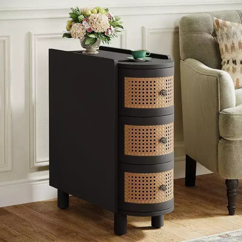 Lantine Solid Wood End Table with 3 Rattan Drawers and Exquisite Embossed Handles, No Assembly Required