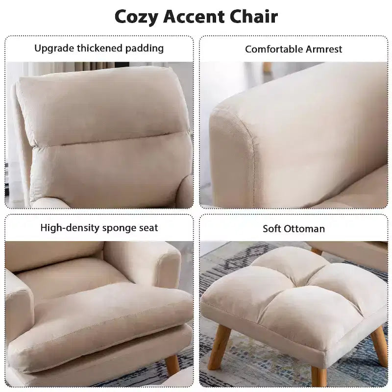 Accent Chair with Ottoman, Velvet Armchair with Adjustable Backrest and Side Pocket