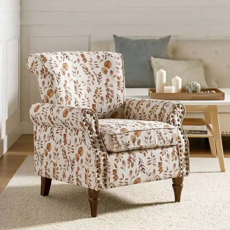 Traditional Wooden Upholstered Floral Armchair with Wingback and Nailhead Trim
