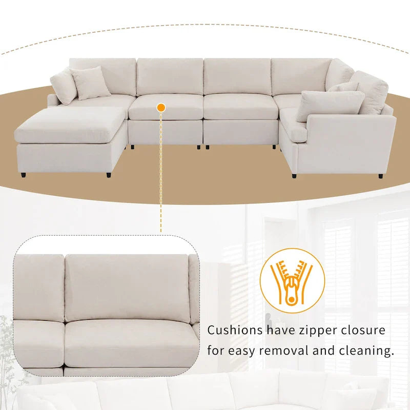 100.4 Spacious U-Shape 6 Seater Sectional Sofa with Removable Ottomans and Pillow, Flexible Configuration