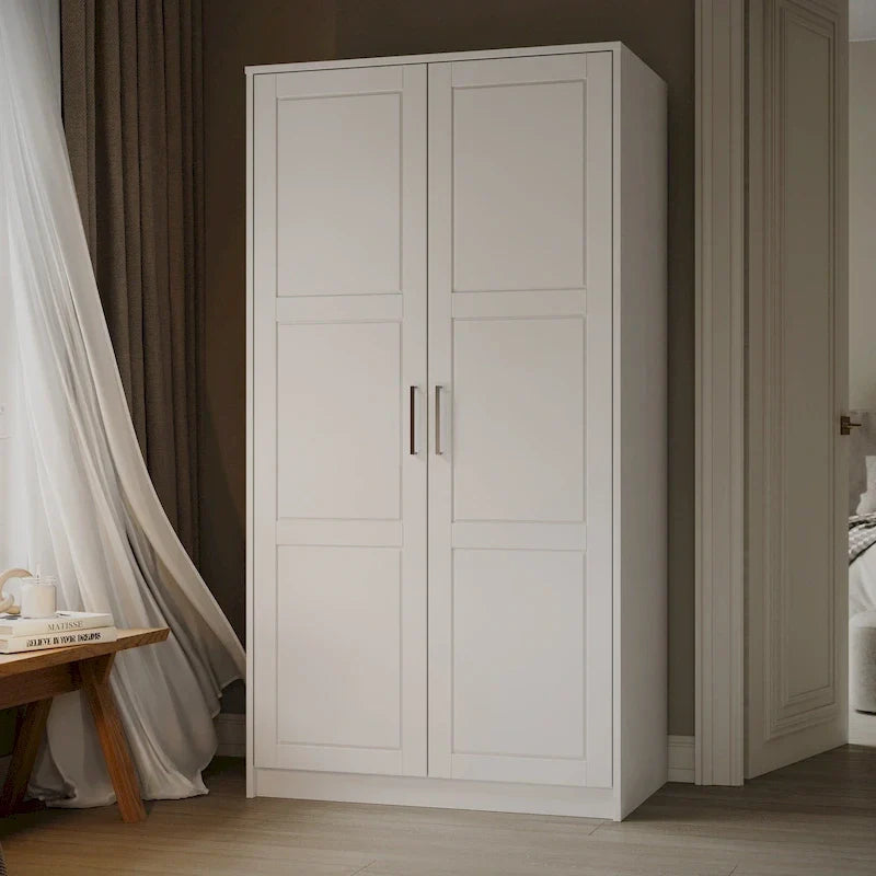 2-Door Solid Pine Wood Wardrobe Armoire with Clothing Rod & Adjustable Shelf – White / Black / Gray, Solid Wood or Mirrored Doors, Single