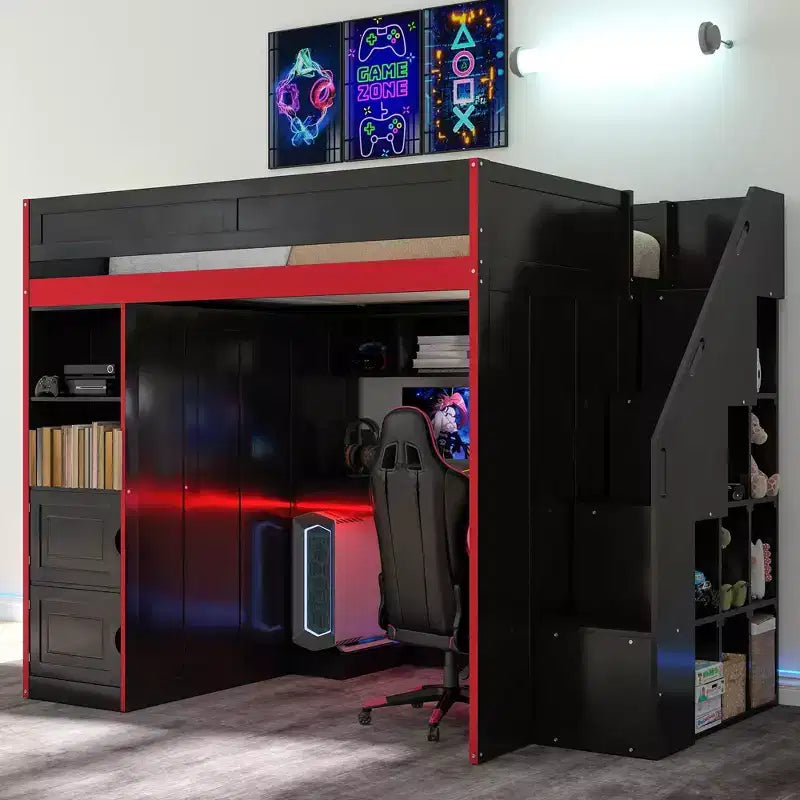 GDFStudio Barnes Gaming Loft Bed with Desk and Storage, LED Lights