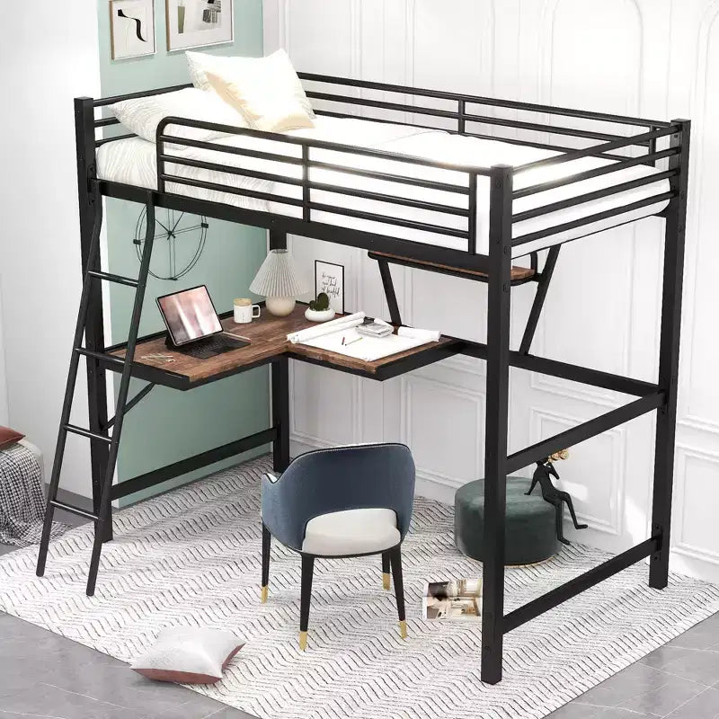 Metal Twin Size Loft Bed with Desk for Kids Teens, Hight Twin Loft Bed Frame with Small Shelf