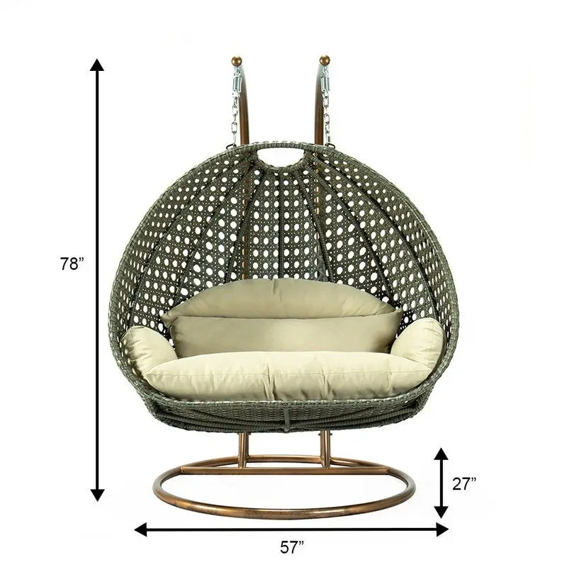 Egg-Shaped Hanging Swing Chair with Metal Stand, Wicker Frame & Cushion ¨C Beige / Charcoal Blue / White / Blue / Antique White / Brown / Canvas, Seats 2