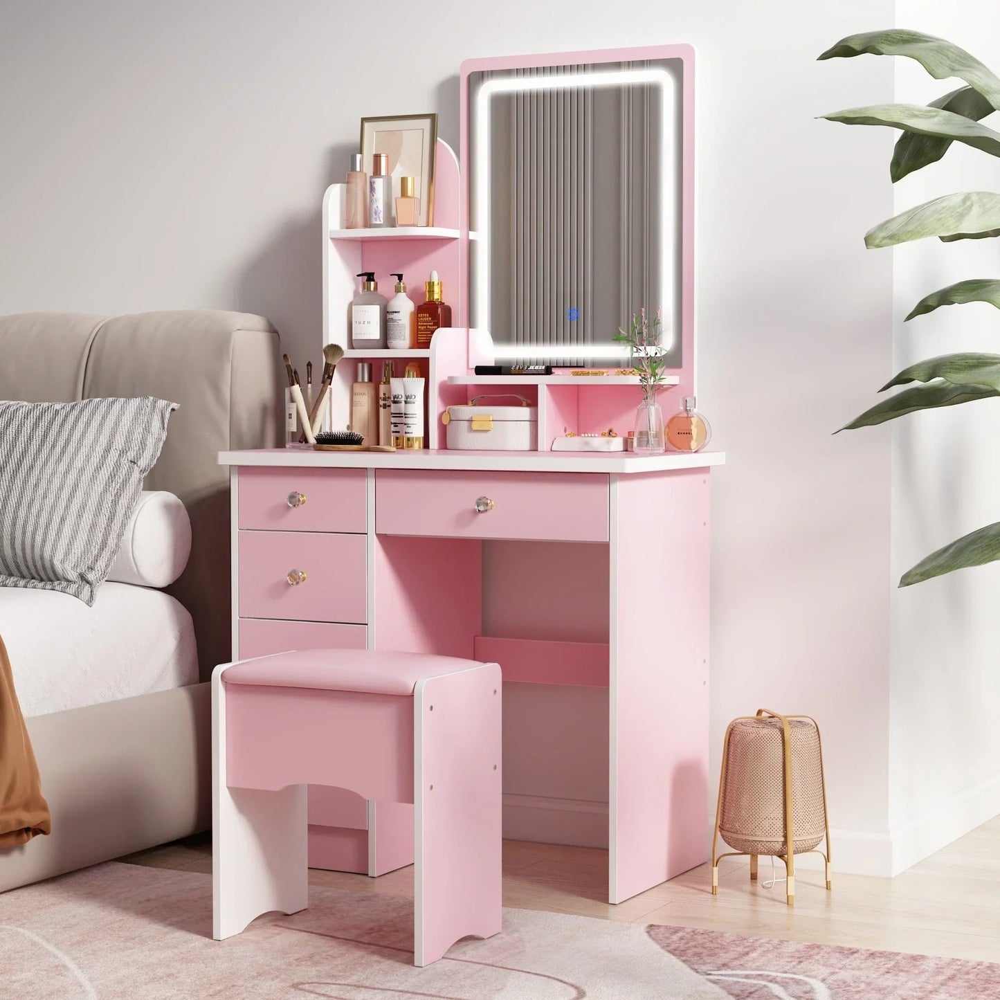 Makeup Vanity Set Table With LED Light &Mirror & Stool