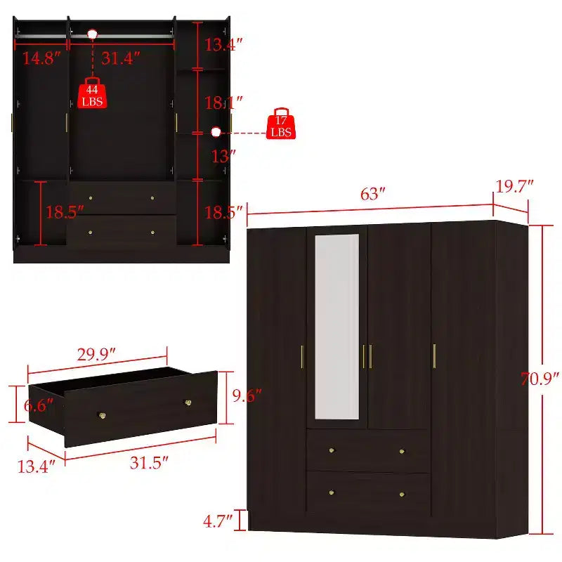 Modern Wardrobe with Mirror Closet Organization Armoire: Sturdy Rails, Smooth Drawers Practical & Stylish