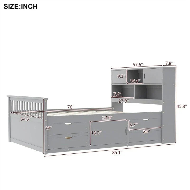 Twin/Full Size Captain Platform Bed with 4 Drawers and Storage Shelves, Solid Wood Bed Frame with Storage Bookcase Headboard