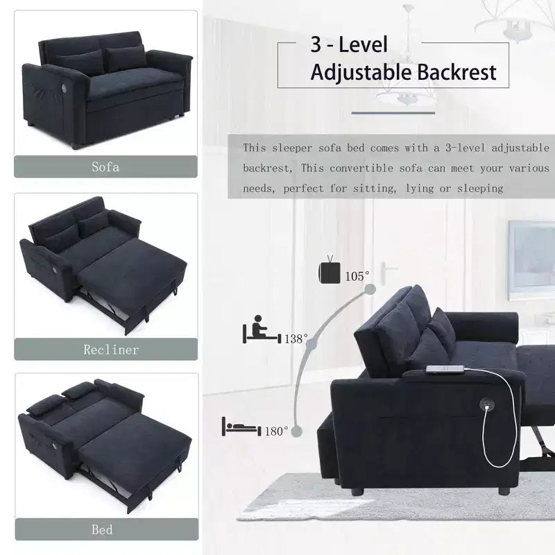 Convertible Sofa Bed Couch with Side Pockets & Adjustable Backrest, Velvet Upholstered Loveseat Sofa for Living Room, Bedroom