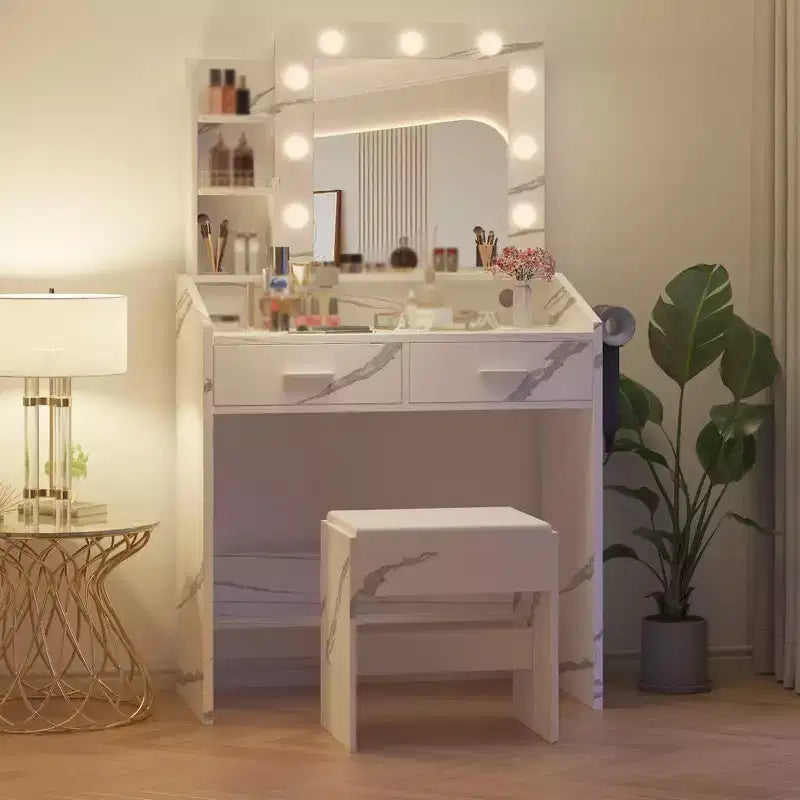Vanity Desk with Mirror and Lights, Makeup Vanity with Power Outlet & Cushioned Stool, 3 Lighting Modes Adjustable Brightness, Dressing Table
